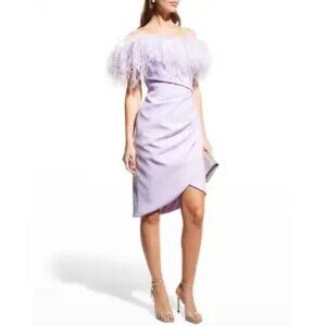 Pamella Roland Lilac Ostrich Feather Off The Shoulder Crepe Cocktail Dress